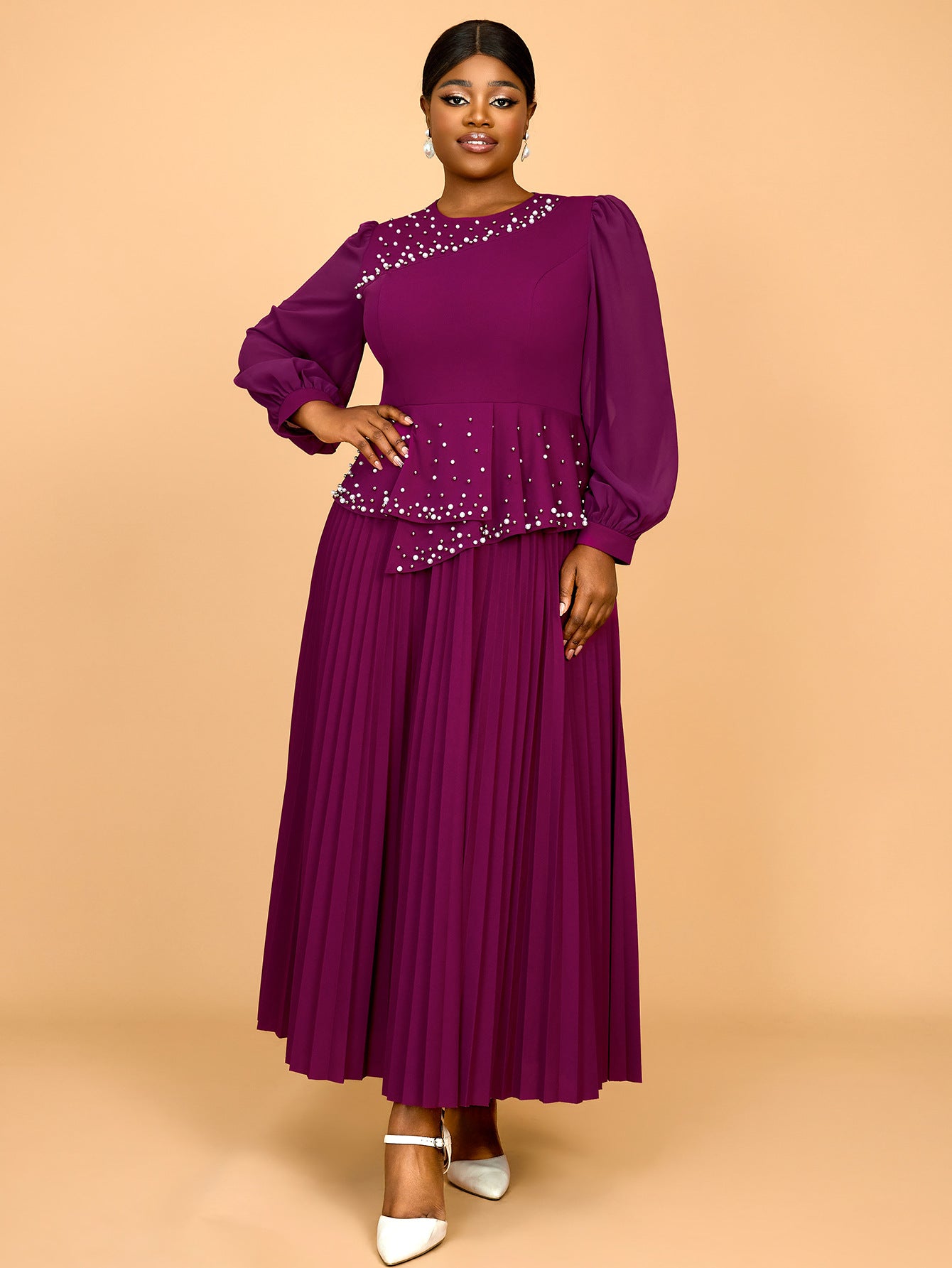 Plus Size Ruffle Elegant Round Neck Beaded Pleated Party Dress