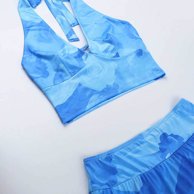Sexy Holidays Printed Halter Neck Straps Top  & Mesh Skirt Set 13