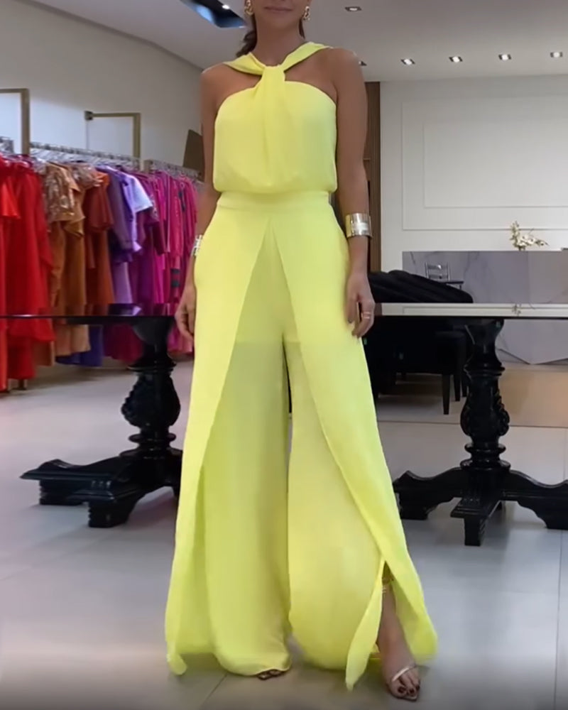 Women's comfortable strap wide leg chiffon jumpsuit 3