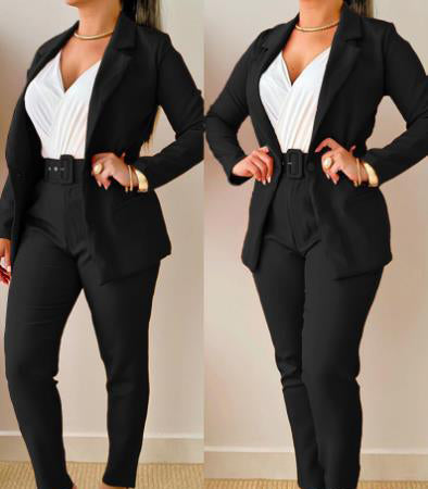 Women Printed Casual Blazer and Pant Two-Piece Set with Belt 3