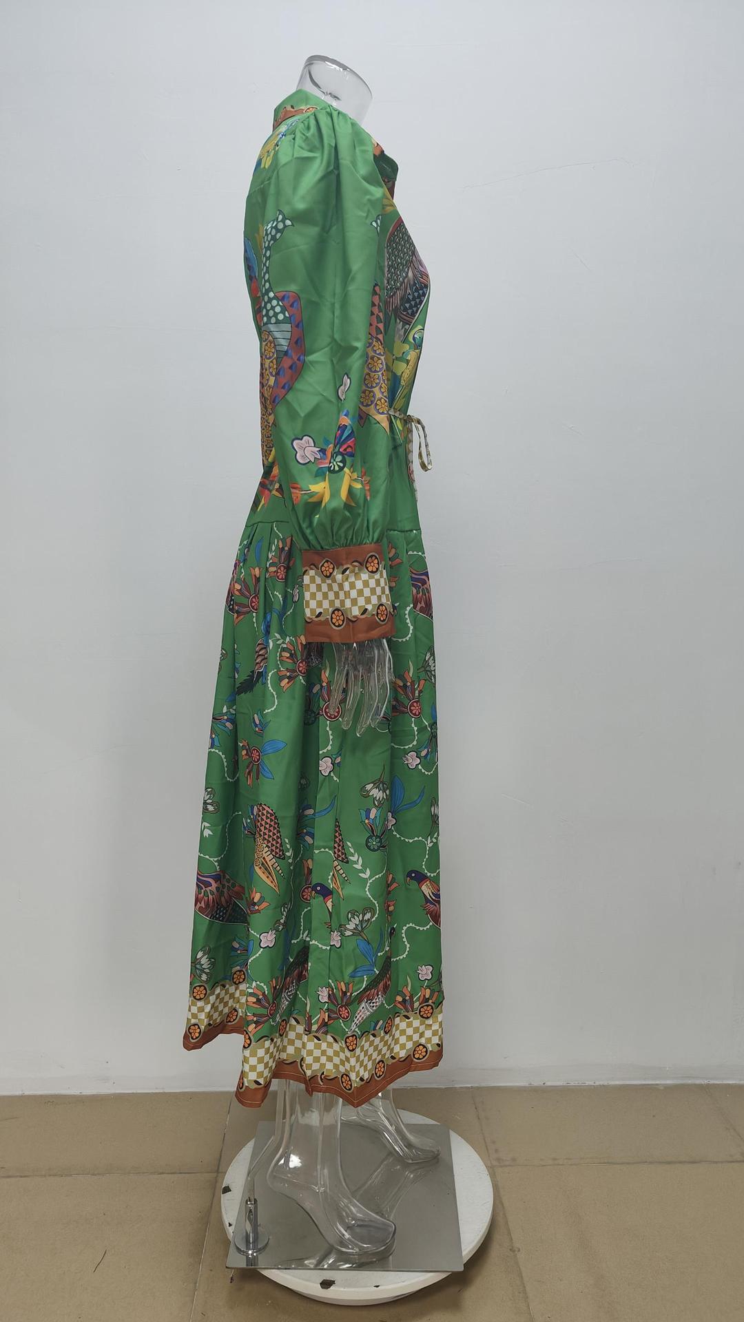 Women Chic Balloon Sleeve Turndown Collar Long Sleeve Dress 46