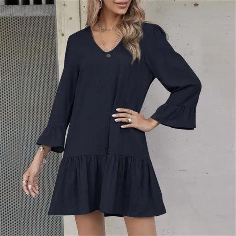 Women's Midi Loose Solid Color Pleated Bell Bottom Half-Sleeve Women's Linen Dress 4