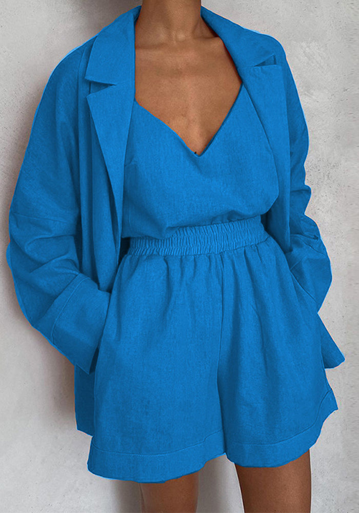 Spring Women's Chic Solid Color Vest Shorts Blazer Three Piece