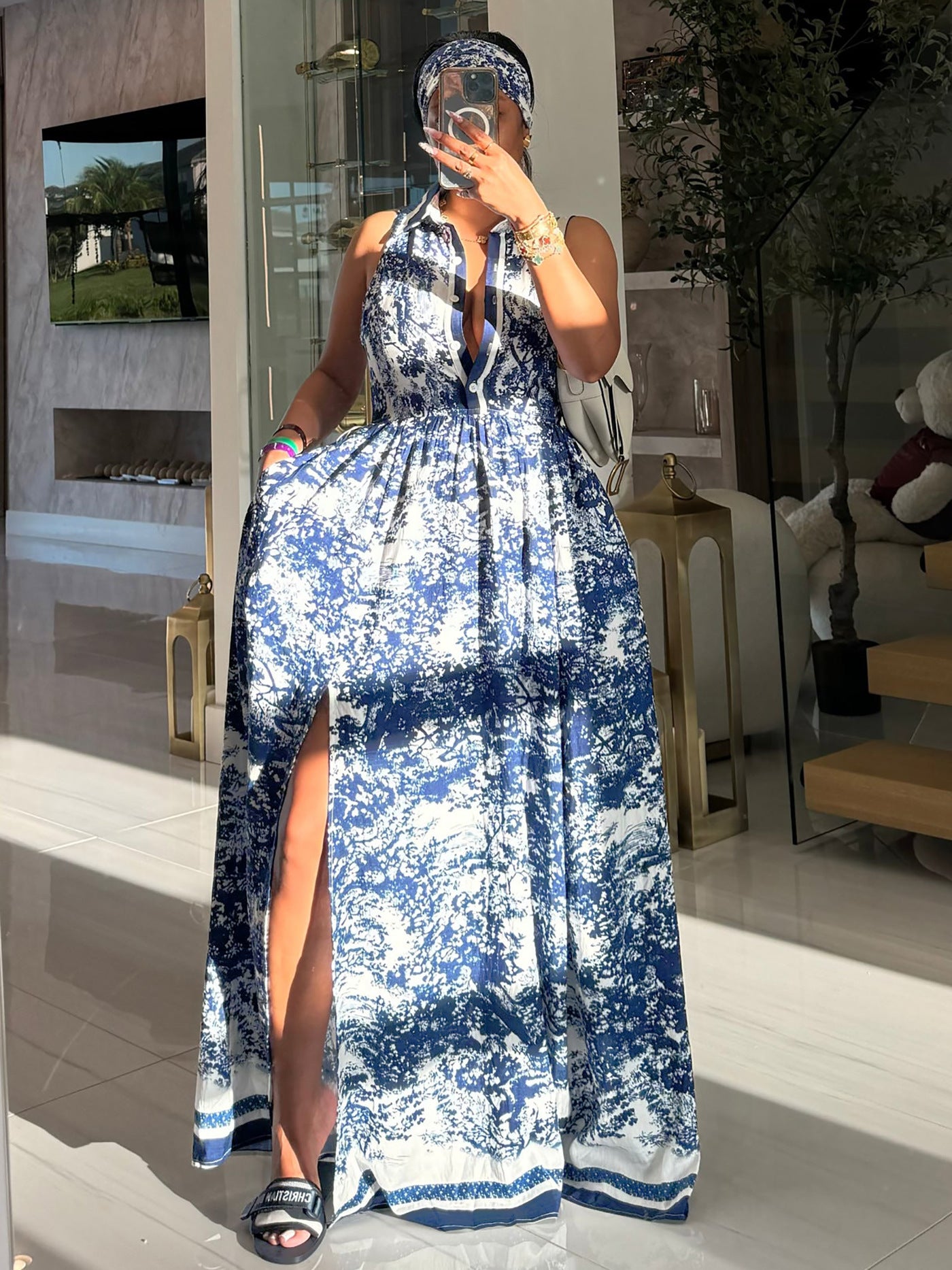 Women printed sexy slit flowing bohemian dress with belt