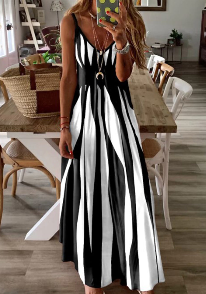 Summer Women suspender color block print Strap Dress