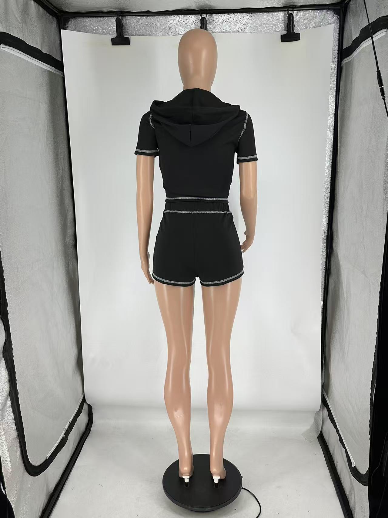 Summer Zipper Hooded High Stretch Sports Casual Short Sleeve Two Piece Shorts Set 11