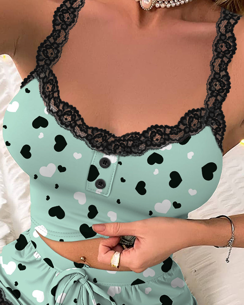 Women lace Patchwork Heart Print Print Top + Shorts two-piece set 3