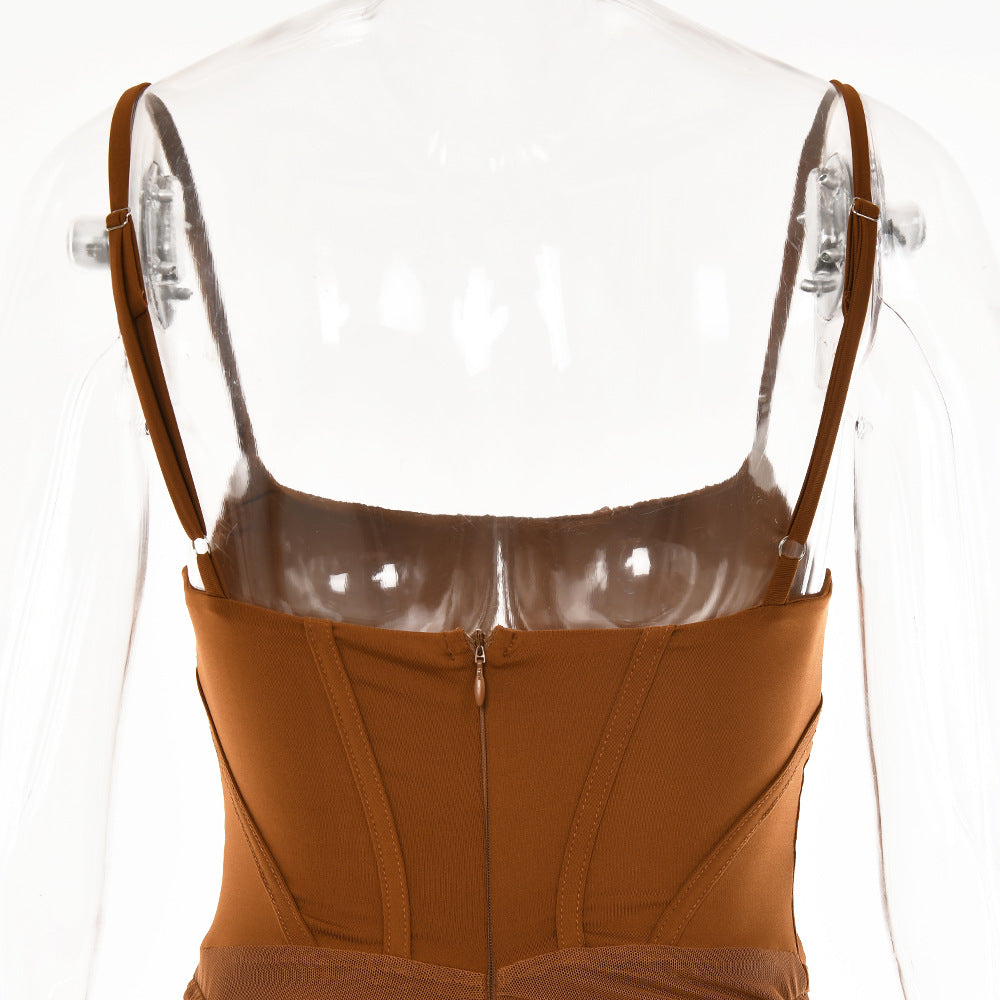 Strap Dress Women'S Fall Sexy Low Back Tight Fitting Chic Slim Waist Pleated Long Dress 23