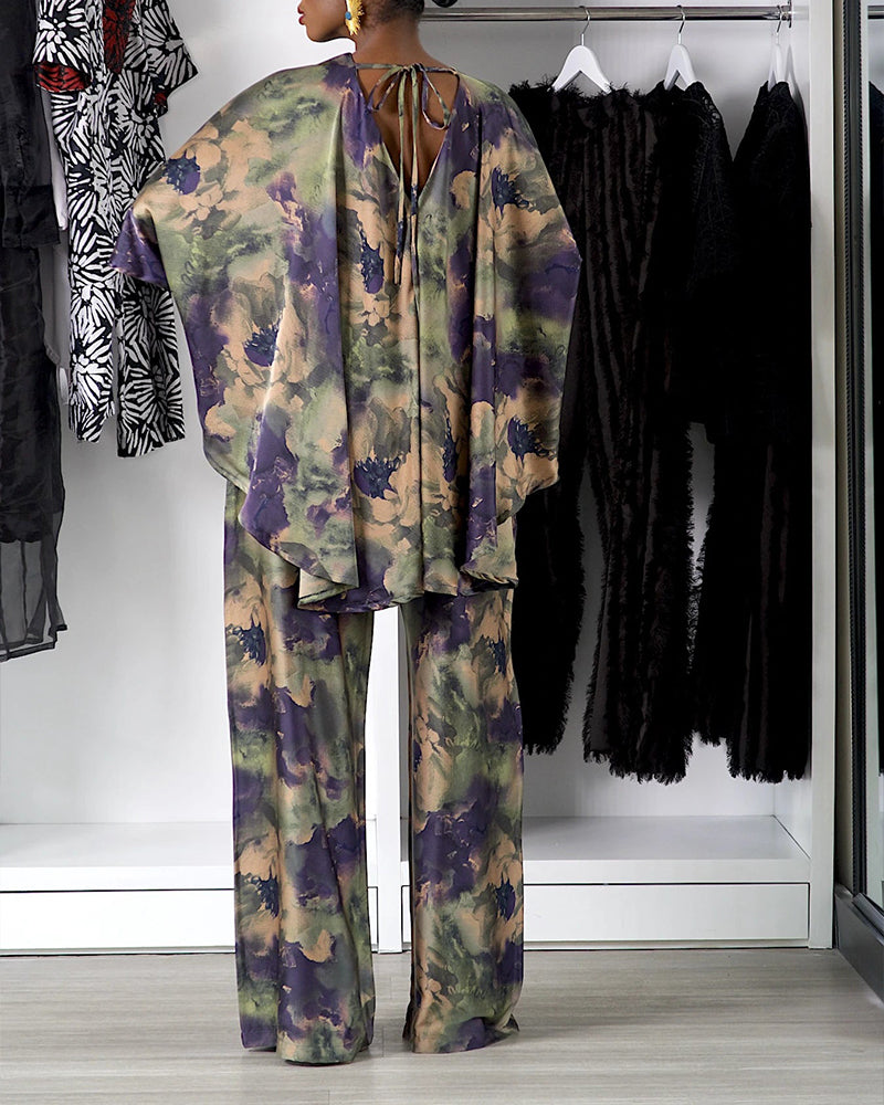Women Smudge Print Waist Tie Top and Long Pants Two-Piece Set 4