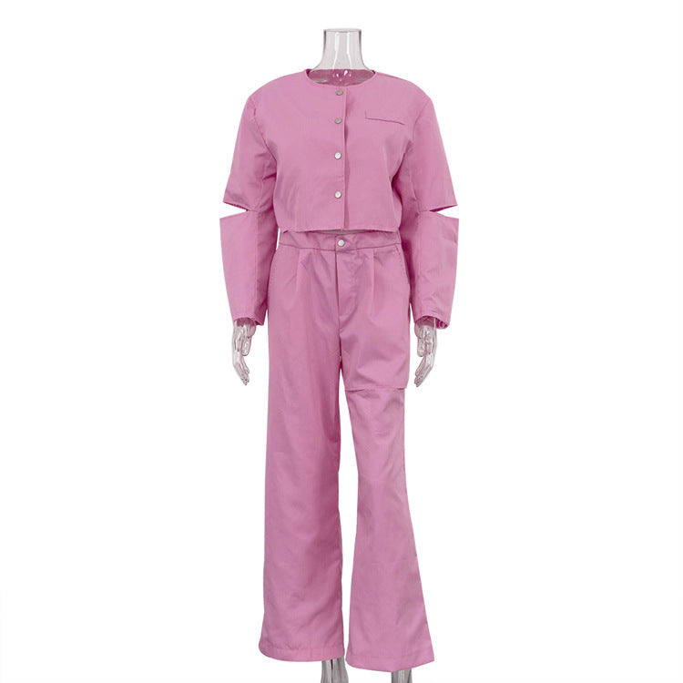 Fashion Women's Long Sleeve Hollow Ripped Top Wide Leg Pants Two Piece Set 10