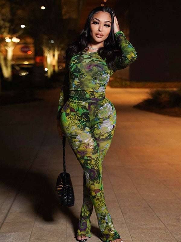 Printed Color-Block Casual Mesh Pants Set Slim Fit Top & Trousers 3