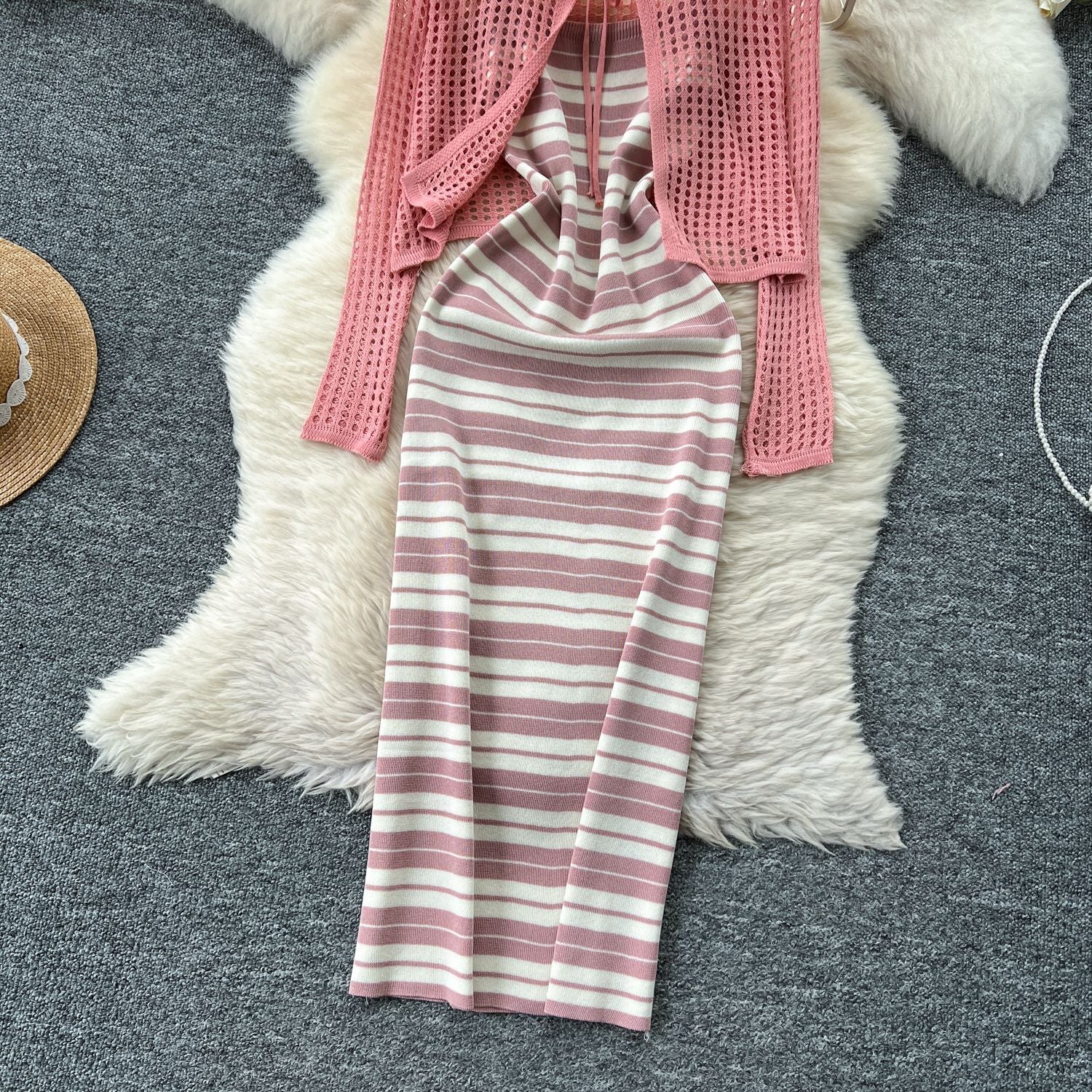 Tie Up Cardigan Low Back Strap Slim Fit Chic Stripes Knitting Dress 18