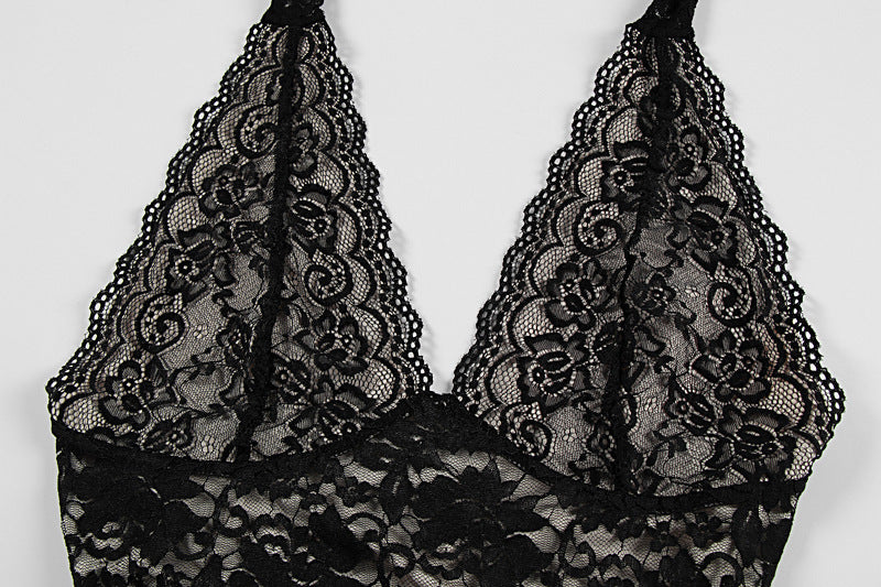 Summer Women's Sexy Fashion Halter Neck Lace-Trimmed Slit Slim Dress 10