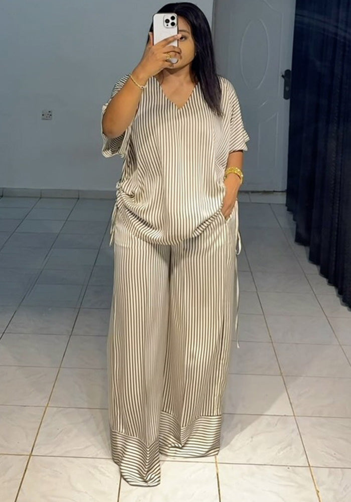Women summer casual loose v-neck striped short-sleeved top and wide-leg pants two-piece set