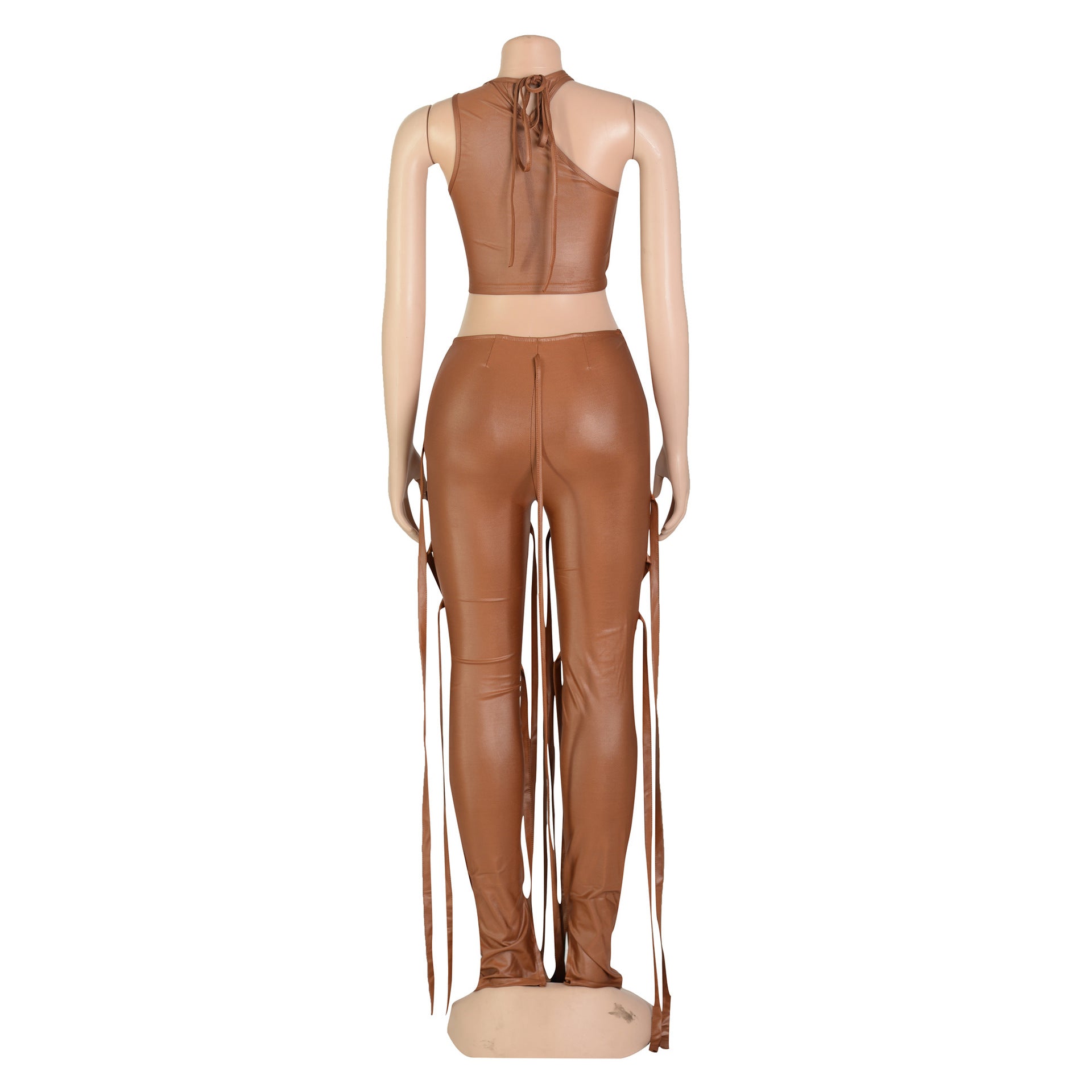 Women's Sexy Faux Leather Tank Top Lace-Up Pants Two Piece Nightclub Set 39