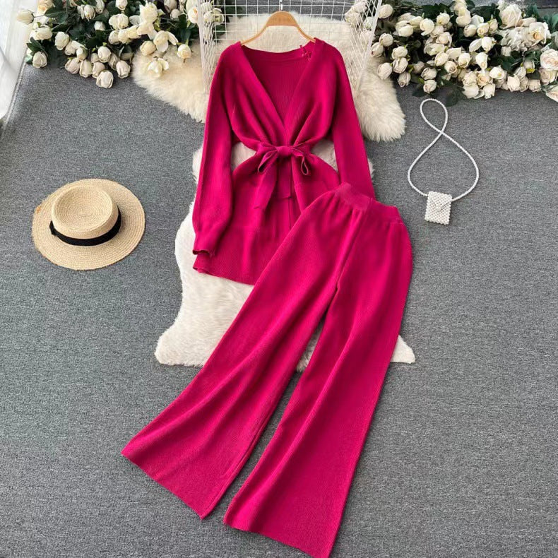 Women autumn lace-up long-sleeved knitting cardigan jacket and loose wide-leg pants two-piece set 19