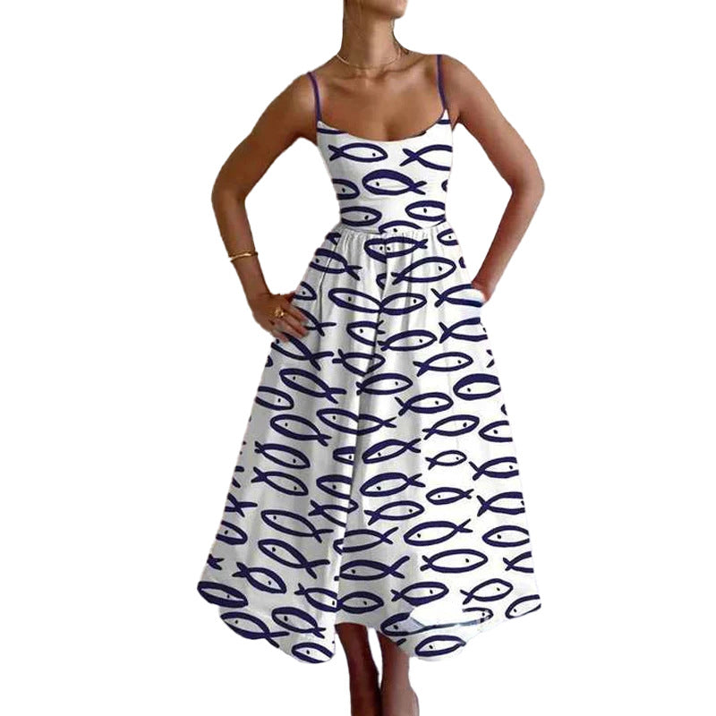 Women Spring Printed Pleated Strap Dress 17