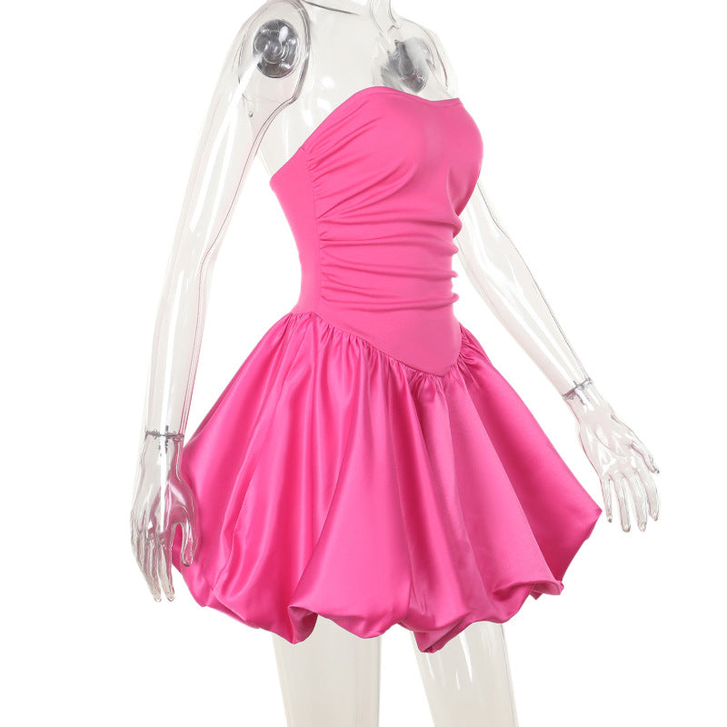 Autumn Fashion Women's Chic Slim Patchwork Satin Strapless A-Line Dress 6