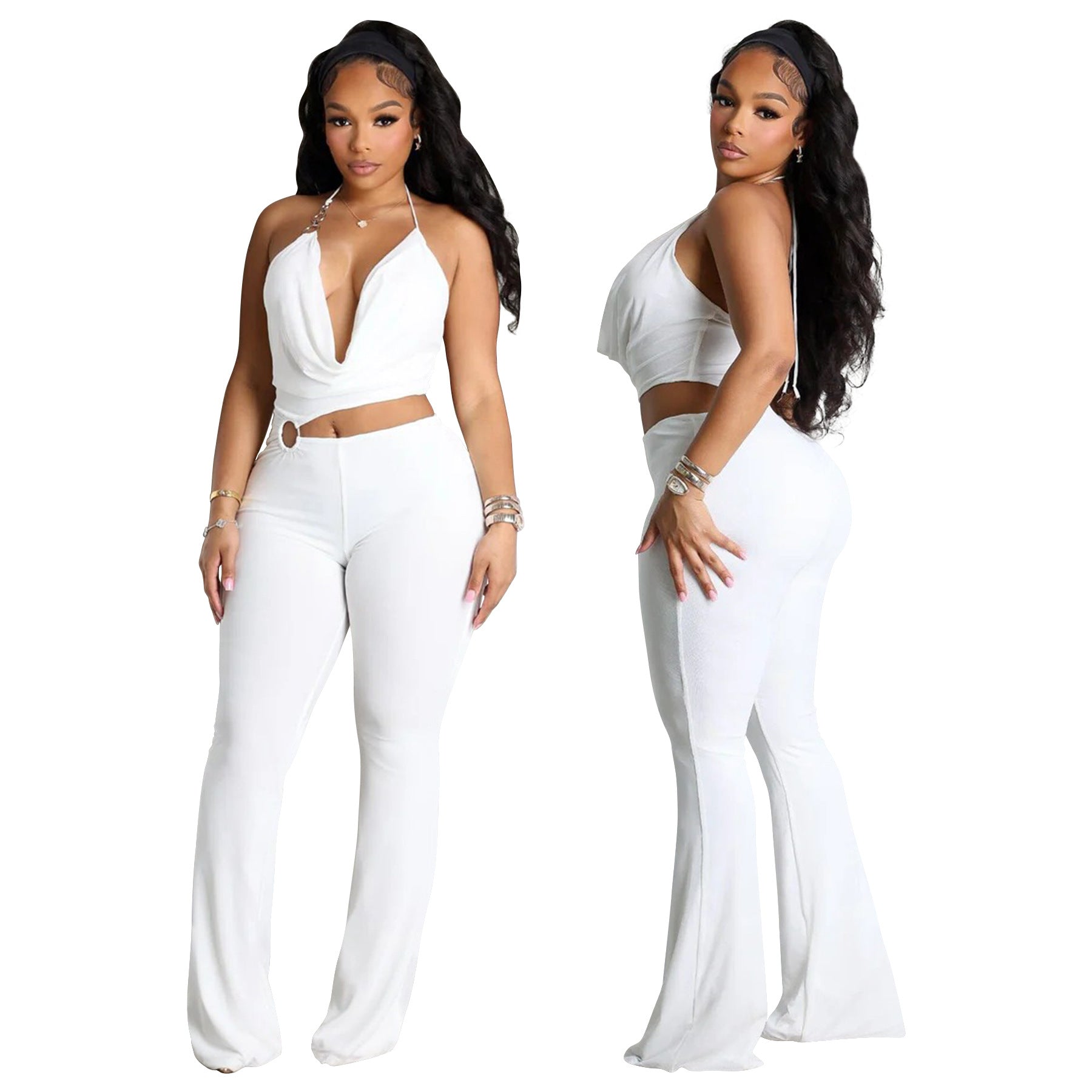 Women’s Circle-Embellished Halter Neck Open-Waist Jumpsuit