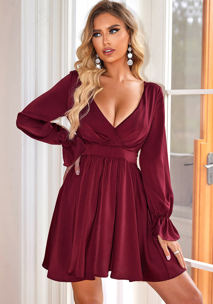 Women's Deep V Neck Long Sleeve Low Back Casual Dress