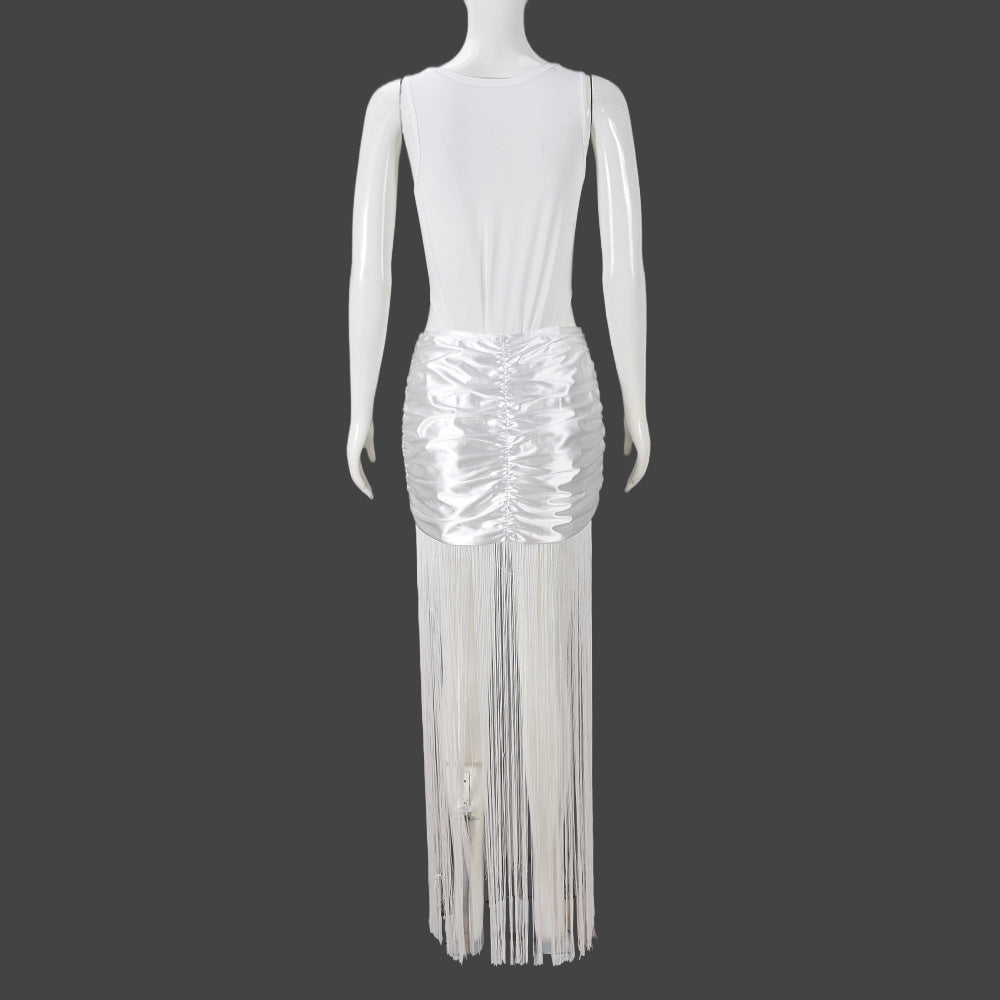 Women's Autumn Sleeveless Slim Fit Bodysuit Sexy Fringe Skirt Set 11