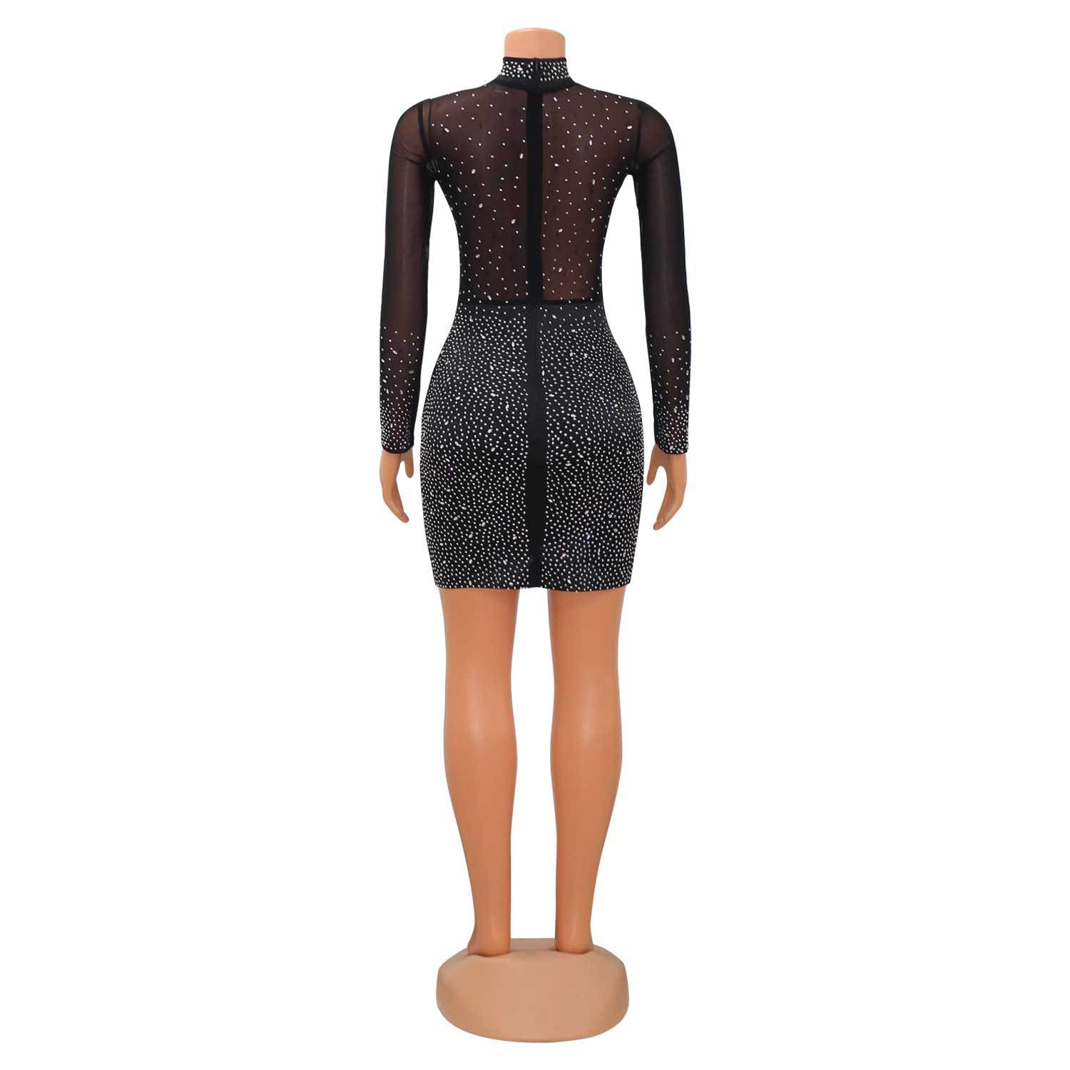 Autumn Women'S Fashion Sexy Mesh Long Sleeve Rhinestone Beaded Bodycon Club Dress 9