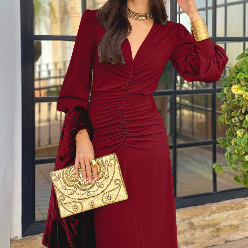 Women's V-Neck Slim Waist Chic Long Dress 11