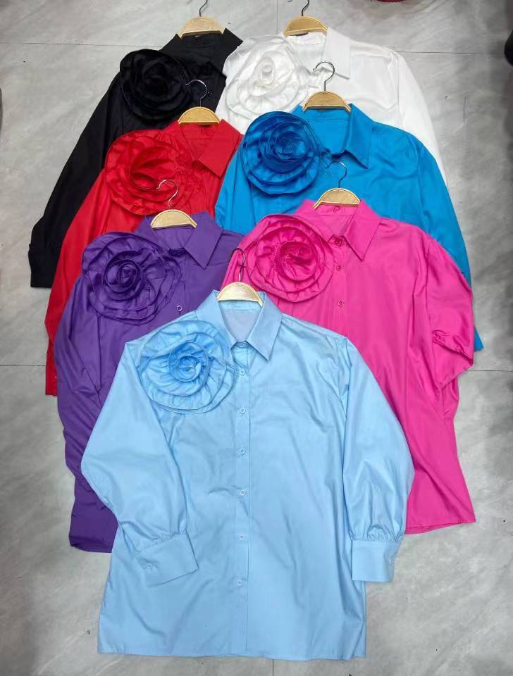 Women spring and autumn floral long-sleeved Turndown Collar Solid Casual Top 14