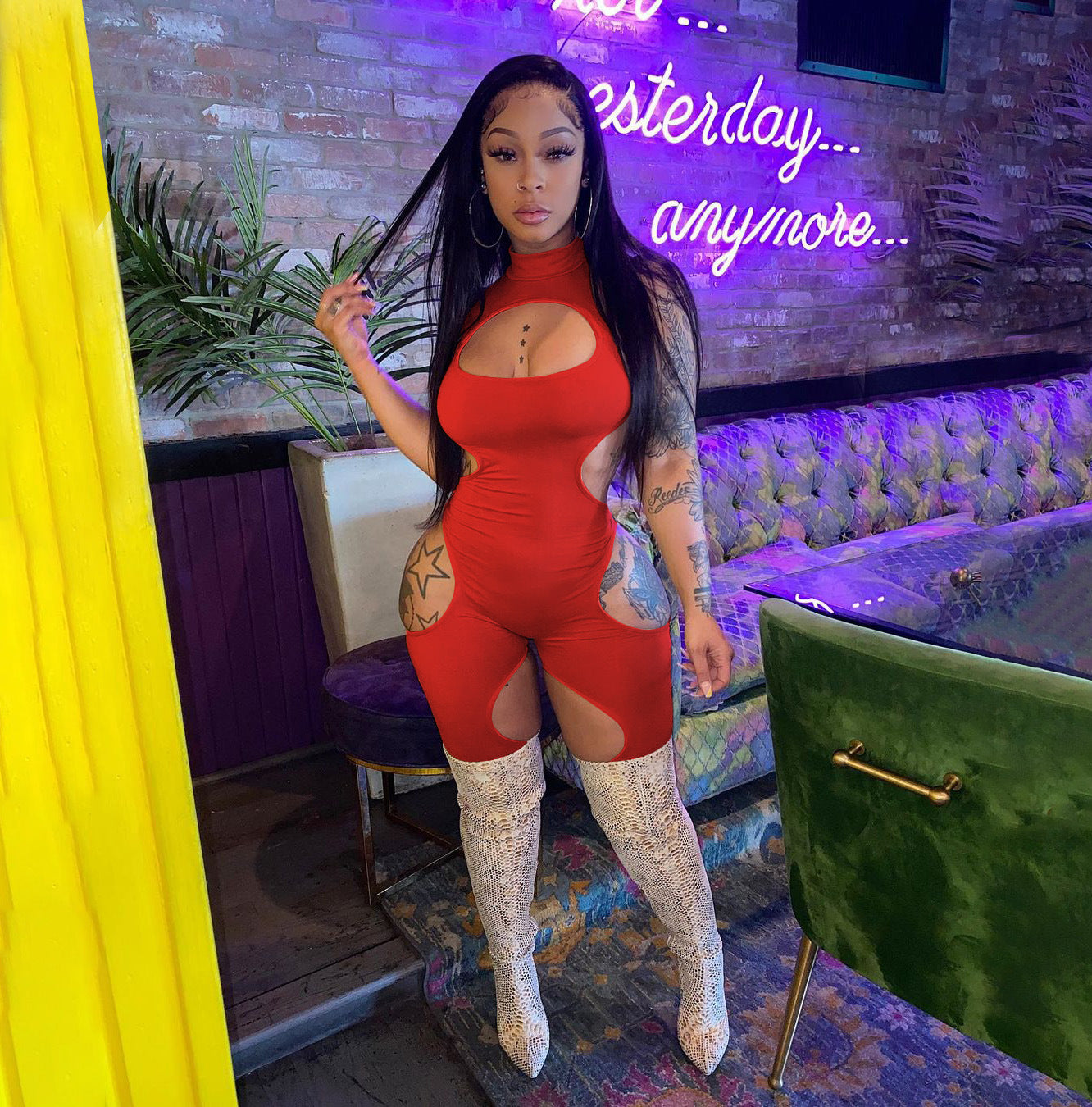 Women's Summer Solid Color Sexy Hollow Short-Sleeve Jumpsuit 3