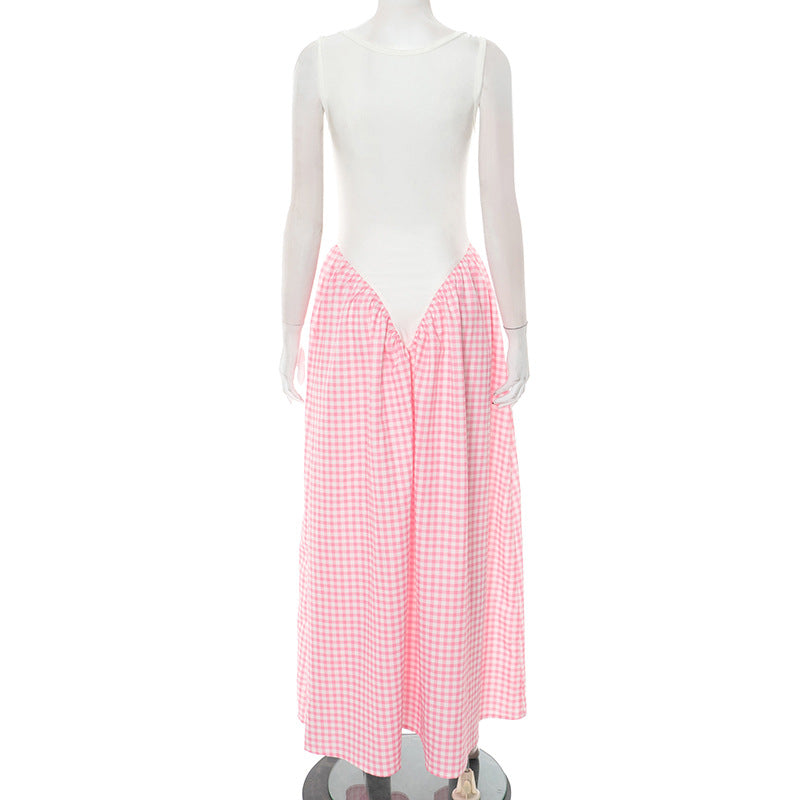 Solid Color Patchwork Plaid Print Sleeveless Loose Long Dress 7