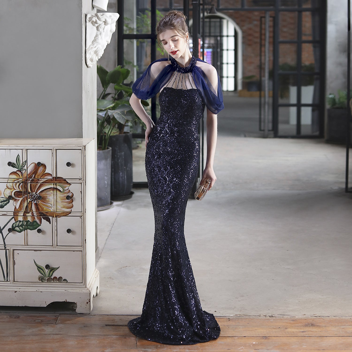 Sequin Mesh Halter-Neck Fishtail Bride Long Wedding Dress 6