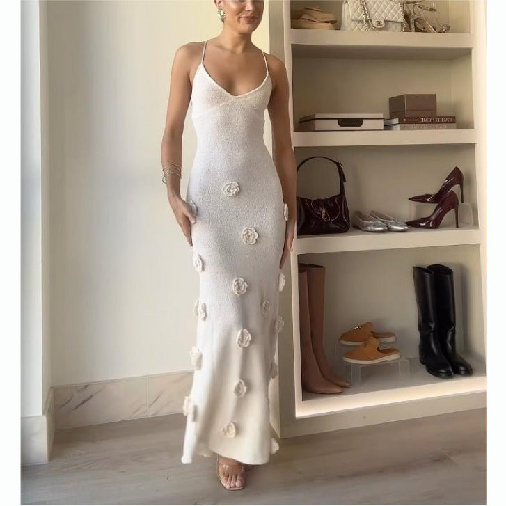 Women's Sexy Strap Knit Backless Flower Long Dress