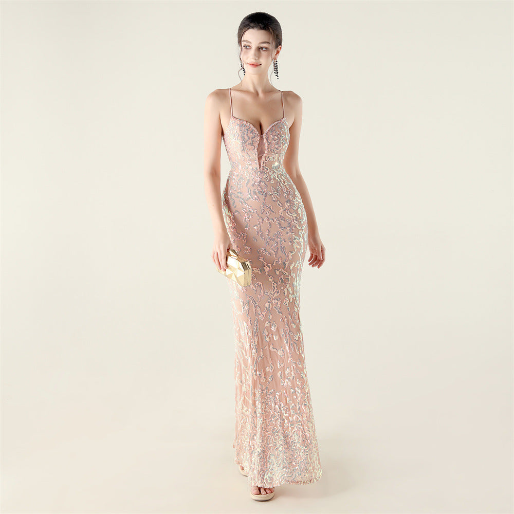 Embroidery Sequin Slim Waist Lace-Up Deep V Neck Strap Formal Party Evening Dress 15