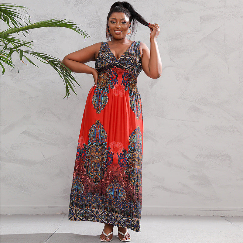 Plus Size Dress Low Back Deep V Neck Retro Paisley Plus Size Long Dress 11