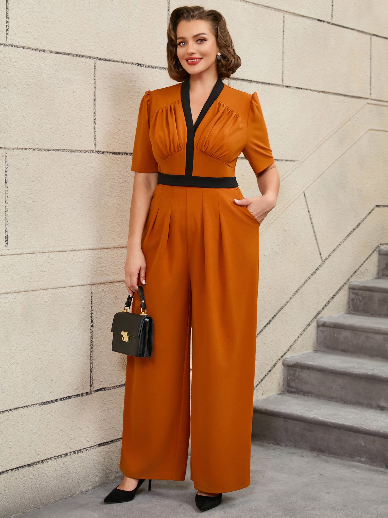 Plus Size V-Neck Pleated Color-Matching Slim Waist Elegant Wide-Leg Jumpsuit 9
