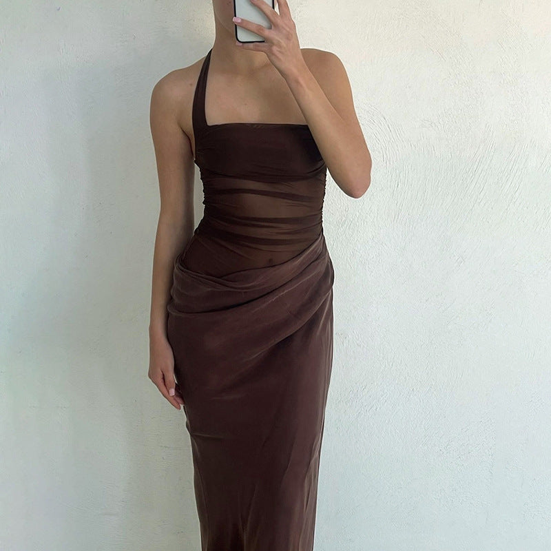 Spring Summer Sexy Low Back Lace-Up Halter Neck Solid Chic Maxi Dress 9