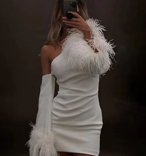 Women Sexy Feather Patchwork Off-Shoulder Asymmetric Bodycon Dress 8
