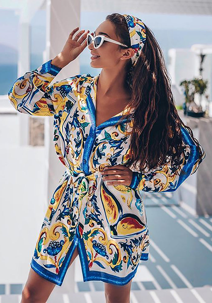 Spring Summer Bohemian Positioning Print Tie Long Sleeve Shirt Dress 5