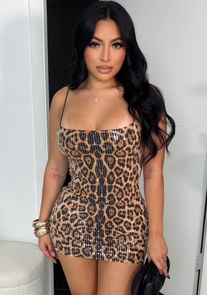 Women's Leopard Print Patchwork Sequin Bodycon Dress