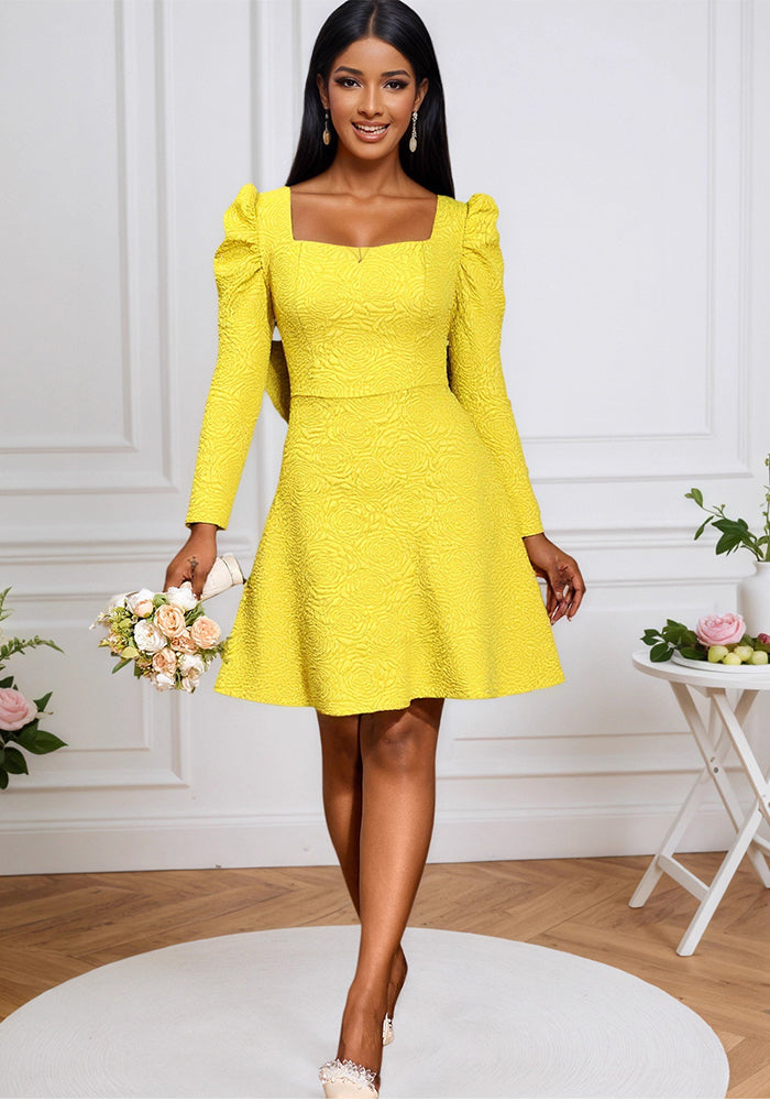 Square Neck Jacquard Puff Long Sleeve Short Dress Bow Low Back Design Elegant Party Evening Gown Dresses