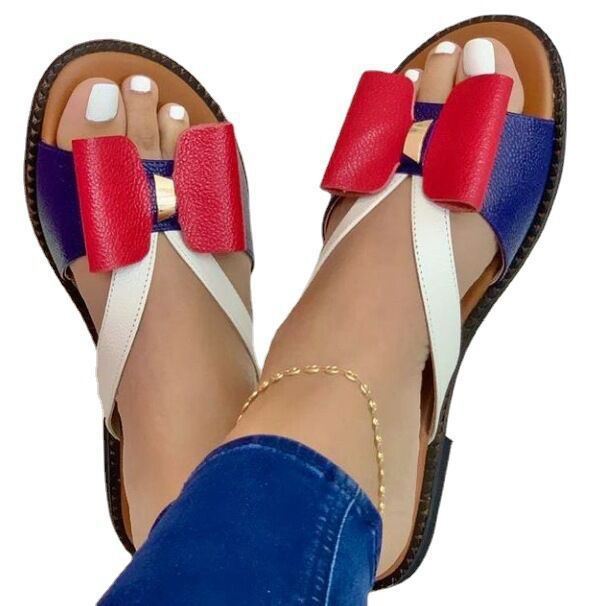 Spring Summer Style Flat Colorblock Bow Women's Sandals and Slippers Plus Size Women's Shoes 7