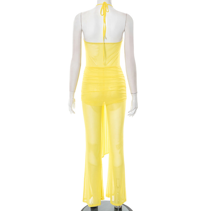 Women's Spring and Summer Halter Neck Open Waist Mesh Drawstring See-Through Hollow Ribbon Jumpsuit 8