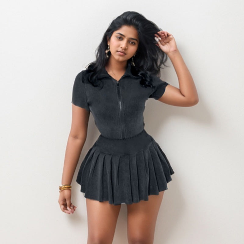 Women Casual Knit Solid Zipper Short Sleeve Top and Pleated Skirt Two-piece Set 7