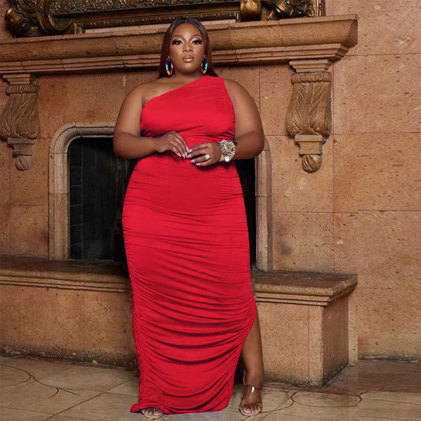 Women's Fashion Plus Size Summer One Shoulder Irregular Pleated Dress 5