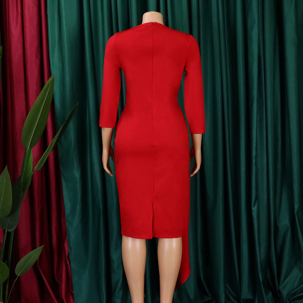 Women's Fall/Winter Solid ol Chic Career Ruched Belted Midi Dress 18