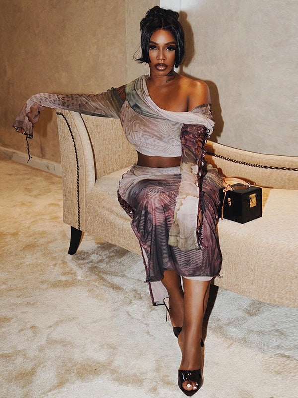 Fashionable Printed Sexy Long-Sleeved Top Long Skirt Two Piece Set 5