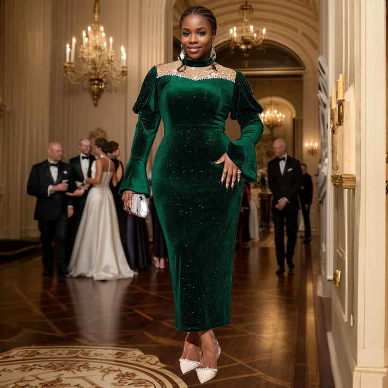 Women Party Formal Party Long Sleeve Beaded Dress