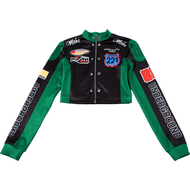 Women autumn and winter sexy American retro printed long-sleeved Crop baseball jacket 9