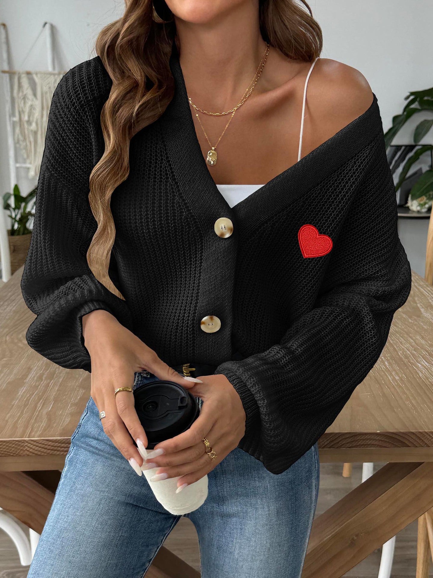 Ladies Knitted Cardigan Sweater Women's Autumn Winter Heart Embroidery Short Button Coat 7