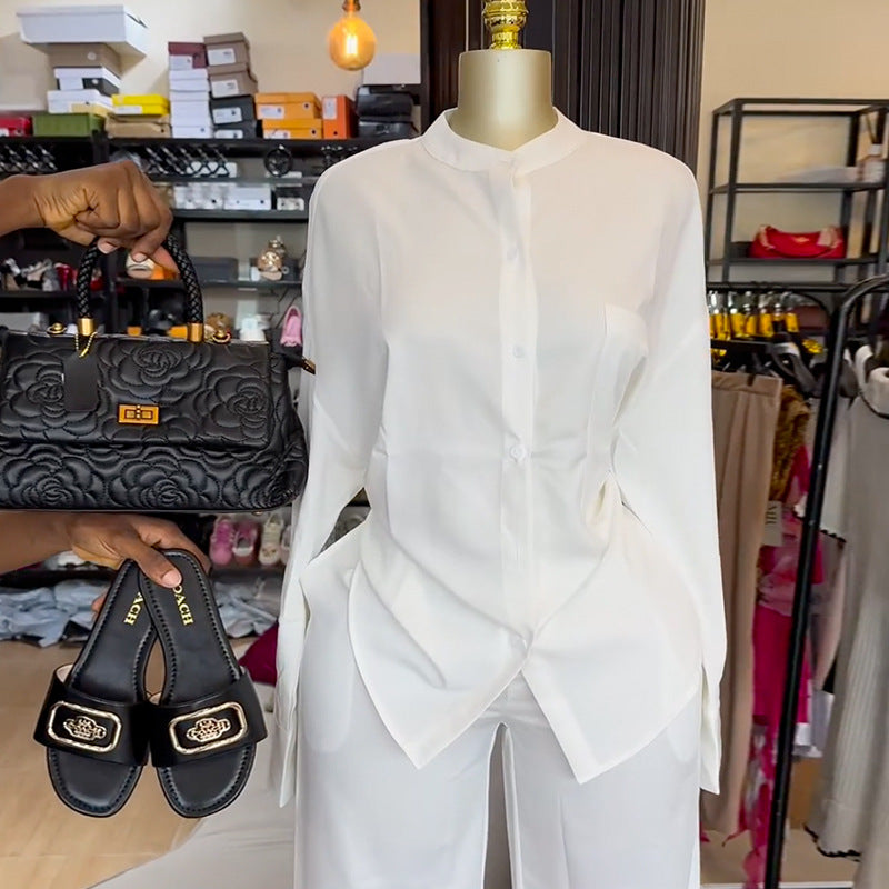 Women's summer round neck loose casual long sleeve shirt and wide leg trousers set 3